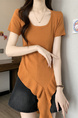 Real shot and real price new style hot girl short sleeve irregular pleated waist ruffled ribbon hem ins top in Rust Orange