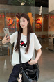 Real shot and real price straight shoulder pure cotton short-sleeved T-shirt female 2025 new heavy-duty towel embroidery puppy versatile design in White