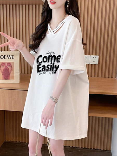 Official picture cotton 21 count 200g 2025 summer V-neck short-sleeved T-shirt loose mid-length women's T-shirt in White