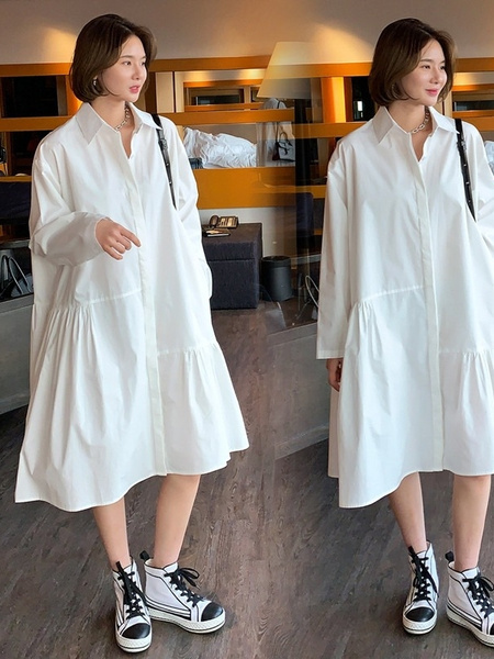 White Design Sense Irregular Dress Women's Medium and Long Spring New Korean Style Loose Slim Shirt Skirt Trendy Women