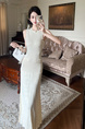 Ivory 2025 Summer New French Style Classic Style Heavy Industry Beads Sleeveless Vest Waist Trimming Knitted Dress Temperament Long Dress