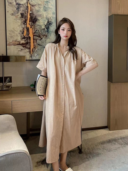 Beige Korean Style New Simple Loose Tie Waist Single-Breasted Short-Sleeved Linen Shirt Dress