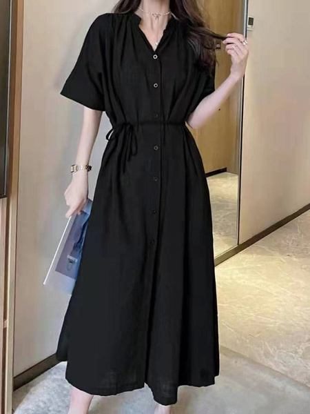Black Korean Style New Simple Loose Tie Waist Single-Breasted Short-Sleeved Linen Shirt Dress