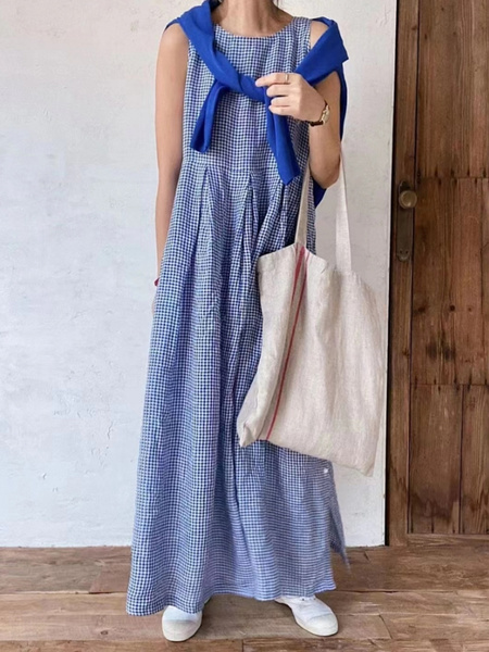 2025 Summer New Blue French Suspender Skirt Plaid Sleeveless Dress Women