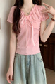 Real Shot Wholesale Price 2025 Summer New Design Niche Wood Ear Edge Bow Decoration V-Neck Short-Sleeved Top in Pink