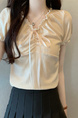 Real Shot Wholesale Price 2025 Summer New Design Niche Wood Ear Edge Bow Decoration V-Neck Short-Sleeved Top in Beige