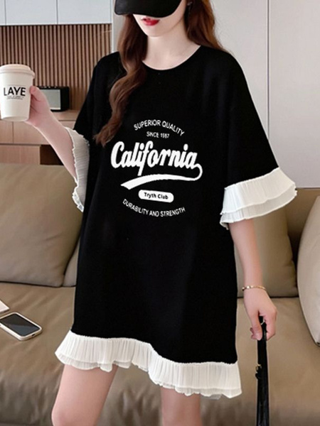 Official Picture Special Price Pure Cotton 21 Count 200g 2025 Summer Loose Medium and Long Mesh Splicing Short-Sleeved T-Shirt for Women in Black
