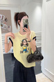 Korean Cartoon Print Round Neck Short-Sleeved T-Shirt for Women in Yellow 2025 Summer New Style Fashionable Loose Slim All-Match Small Top