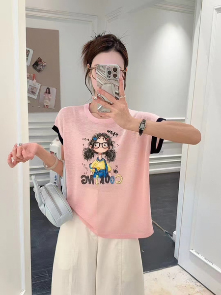 Korean Cartoon Print Round Neck Short-Sleeved T-Shirt for Women in Pink 2025 Summer New Style Fashionable Loose Slim All-Match Small Top