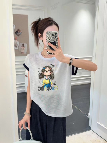 Korean Cartoon Print Round Neck Short-Sleeved T-Shirt for Women in White 2025 Summer New Style Fashionable Loose Slim All-Match Small Top