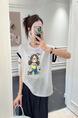 Korean Cartoon Print Round Neck Short-Sleeved T-Shirt for Women in White 2025 Summer New Style Fashionable Loose Slim All-Match Small Top