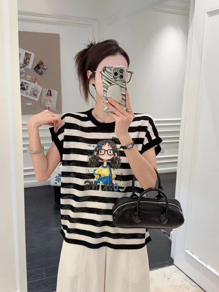 Korean Cartoon Print Round Neck Short-Sleeved T-Shirt for Women in Black and White Stripes 2025 Summer New Style Fashionable Loose Slim All-Match Small Top