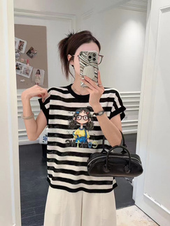 Korean Cartoon Print Round Neck Short-Sleeved T-Shirt for Women in Black and White Stripes 2025 Summer New Style Fashionable Loose Slim All-Match Small Top