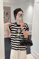 Korean Cartoon Print Round Neck Short-Sleeved T-Shirt for Women in Black and White Stripes 2025 Summer New Style Fashionable Loose Slim All-Match Small Top