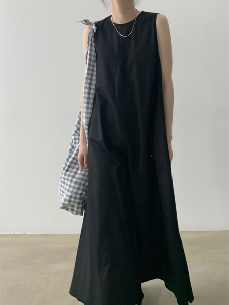 Lazy and cold style dark series long skirt Korean chic style loose oversized sleeveless long cotton and linen dress in black