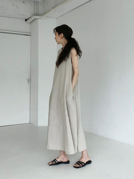 Lazy and cold style dark series long skirt Korean chic style loose oversized sleeveless long cotton and linen dress in beige