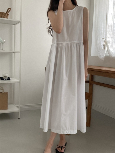 White Korean Chic French Backless Design Lace-Up Vest Dress with Pockets on Both Sides