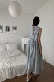 Light Blue Korean Chic French Backless Design Lace-Up Vest Dress with Pockets on Both Sides