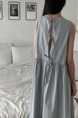Light Blue Korean Chic French Backless Design Lace-Up Vest Dress with Pockets on Both Sides