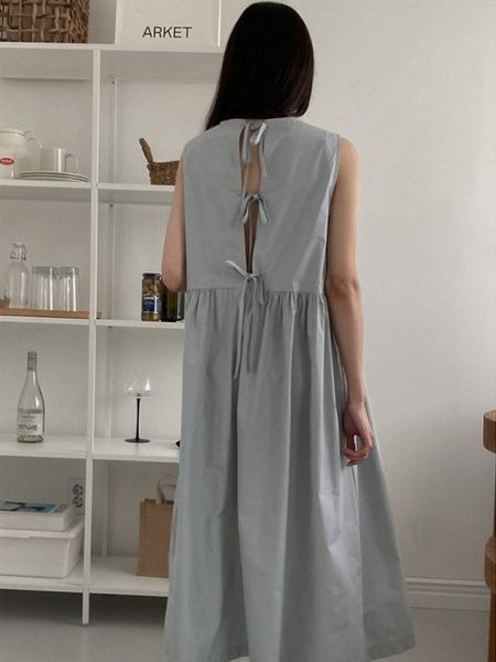 Light Blue Korean Chic French Backless Design Lace-Up Vest Dress with Pockets on Both Sides