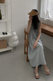 Light Blue Korean Chic French Backless Design Lace-Up Vest Dress with Pockets on Both Sides