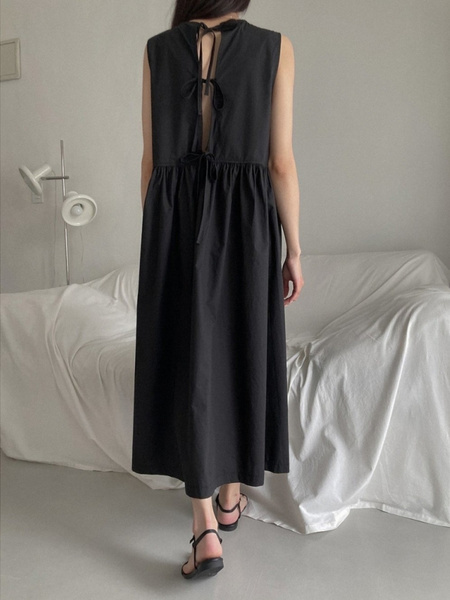 Black Korean Chic French Backless Design Lace-Up Vest Dress with Pockets on Both Sides