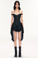 Cchun Pure Plaid Drawstring Eyelash Lace Fake Two-Piece Sling Dress in Dark Green