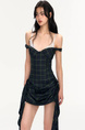 Cchun Pure Plaid Drawstring Eyelash Lace Fake Two-Piece Sling Dress in Dark Green