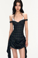 Cchun Pure Plaid Drawstring Eyelash Lace Fake Two-Piece Sling Dress in Dark Green