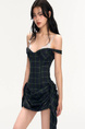 Cchun Pure Plaid Drawstring Eyelash Lace Fake Two-Piece Sling Dress in Dark Green