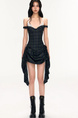 Cchun Pure Plaid Drawstring Eyelash Lace Fake Two-Piece Sling Dress in Dark Green