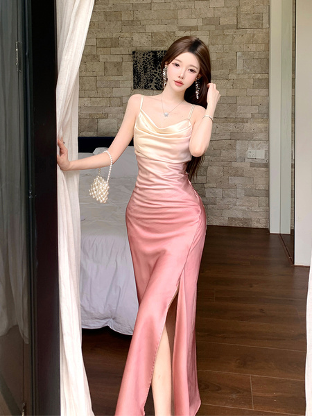 Real Shot of the New Summer French Gradient Suspender Dress Light Luxury Acetate Satin Slim Hip-Wrapped Slit Long Skirt Pink to Cream