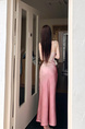 Real Shot of the New Summer French Gradient Suspender Dress Light Luxury Acetate Satin Slim Hip-Wrapped Slit Long Skirt Pink to Cream