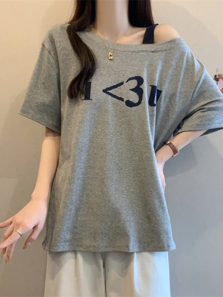 Real Shot of 2025 Large Size Summer New Off-Shoulder Design Letter Versatile Loose Casual Short-Sleeved T-Shirt Women's Top Gray