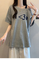 Real Shot of 2025 Large Size Summer New Off-Shoulder Design Letter Versatile Loose Casual Short-Sleeved T-Shirt Women's Top Gray