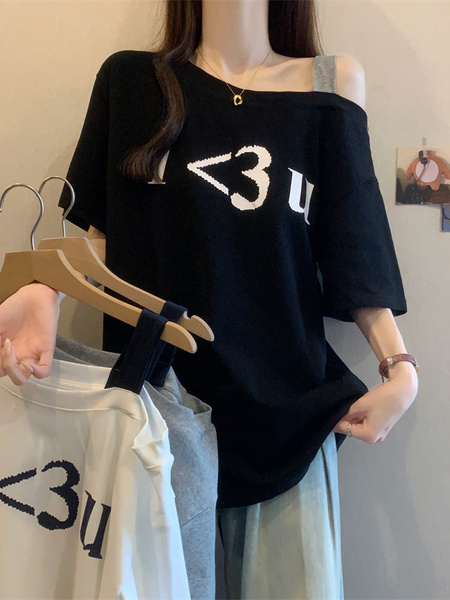 Real Shot of 2025 Large Size Summer New Off-Shoulder Design Letter Versatile Loose Casual Short-Sleeved T-Shirt Women's Top Black