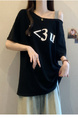 Real Shot of 2025 Large Size Summer New Off-Shoulder Design Letter Versatile Loose Casual Short-Sleeved T-Shirt Women's Top Black