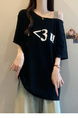 Real Shot of 2025 Large Size Summer New Off-Shoulder Design Letter Versatile Loose Casual Short-Sleeved T-Shirt Women's Top Black