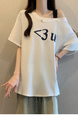 Real Shot of 2025 Large Size Summer New Off-Shoulder Design Letter Versatile Loose Casual Short-Sleeved T-Shirt Women's Top White
