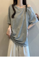 Real Price and Real Shot 2025 Summer New Fat MM Plus Size Female Fashion Versatile Careful Machine Shoulder Fashion Short-Sleeved T-Shirt Gray