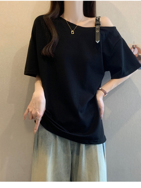 Real Price and Real Shot 2025 Summer New Fat MM Plus Size Female Fashion Versatile Careful Machine Shoulder Fashion Short-Sleeved T-Shirt Black