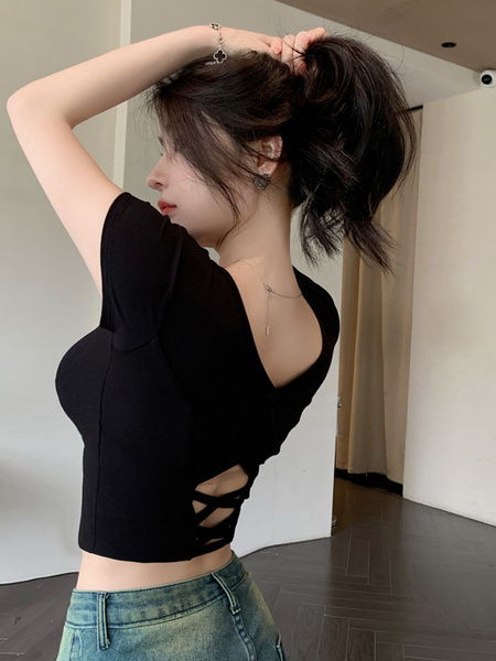 Pure Desire Style Hot Girl Shoulder Short-Sleeved T-Shirt Women's Summer New Special-Interest Design Hollow-Out Beauty Back Short Slimming Top Black
