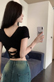Pure Desire Style Hot Girl Shoulder Short-Sleeved T-Shirt Women's Summer New Special-Interest Design Hollow-Out Beauty Back Short Slimming Top Black