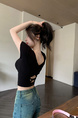 Pure Desire Style Hot Girl Shoulder Short-Sleeved T-Shirt Women's Summer New Special-Interest Design Hollow-Out Beauty Back Short Slimming Top Black