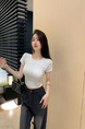 Pure Desire Style Hot Girl Shoulder Short-Sleeved T-Shirt Women's Summer New Special-Interest Design Hollow-Out Beauty Back Short Slimming Top Gray