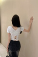 Pure Desire Style Hot Girl Shoulder Short-Sleeved T-Shirt Women's Summer New Special-Interest Design Hollow-Out Beauty Back Short Slimming Top Gray
