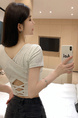 Pure Desire Style Hot Girl Shoulder Short-Sleeved T-Shirt Women's Summer New Special-Interest Design Hollow-Out Beauty Back Short Slimming Top Gray