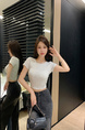 Pure Desire Style Hot Girl Shoulder Short-Sleeved T-Shirt Women's Summer New Special-Interest Design Hollow-Out Beauty Back Short Slimming Top Gray