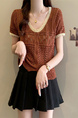 Real Shot Wholesale Price 2025 Summer New Hollow Button Niche V-Neck Contrast Color Stitching Short-Sleeved Knitted Tops for Women Brown