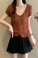 Real Shot Wholesale Price 2025 Summer New Hollow Button Niche V-Neck Contrast Color Stitching Short-Sleeved Knitted Tops for Women Brown